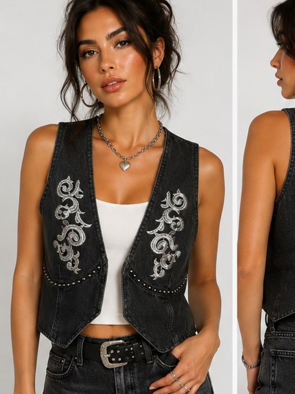 J-IBK Black Embroidered Denim Vest with Stud Detail